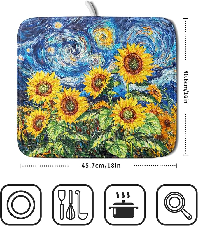Sunflower Dish Drying Mat for Kitchen Counter 18x16 Inch Starry Night Drying Mat - Image 4