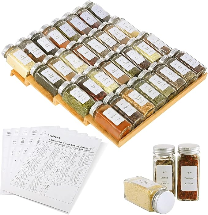 Spice Drawer Organizer with 35 Spice Jars, 216 Labels, 25 Non-slip Rubber by KitHero