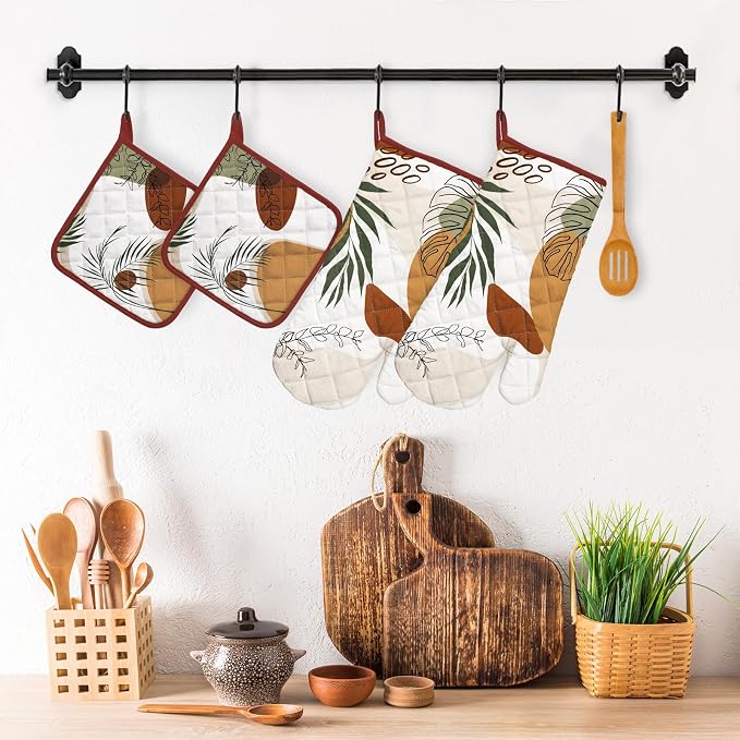 Boho Leaf Oven Mitts and Pot Holders Sets 4Pcs, 100% Cotton Heat Resistant - Image 5