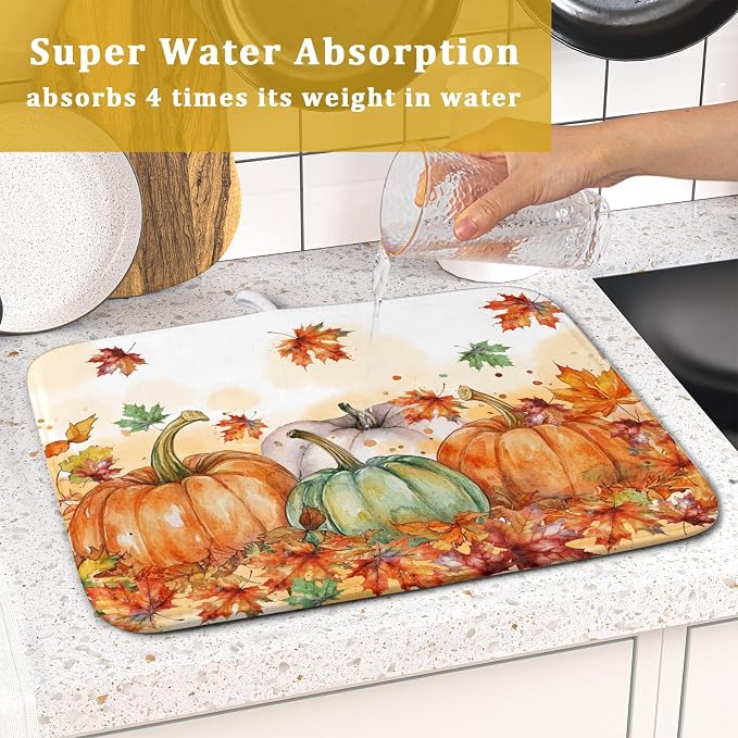 Fall Dish Drying Mat for Kitchen Counter 16×18 Inch Orange Pumpkin Drainer Pad - Image 7