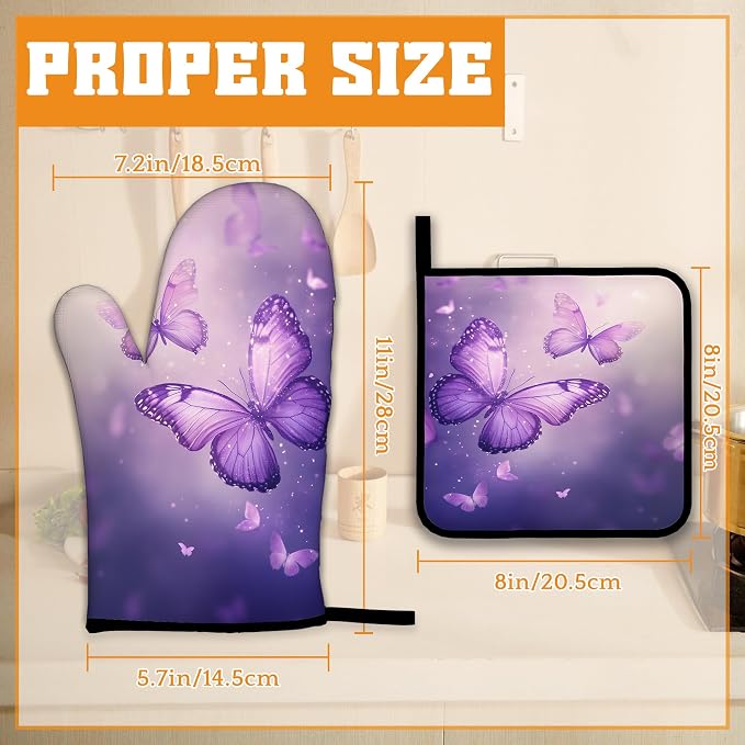 Purple Butterfly Oven Mitts and Pot Holders Set, Sparkling Kitchen Oven Gloves - Image 2