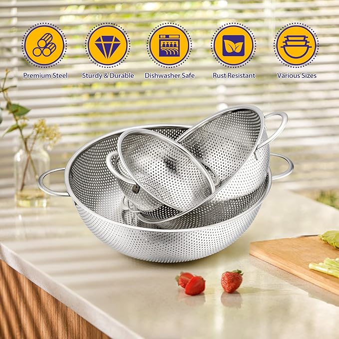 E-far Stainless Steel Colander Set of 3, Micro-Perforated Metal Colander - Image 5