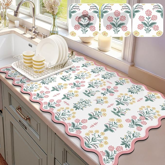 LOKHOM Scalloped Floral Dish Drying Mat, Cuttable Hide Stain Non-slip Drying Mat by LOKHOM