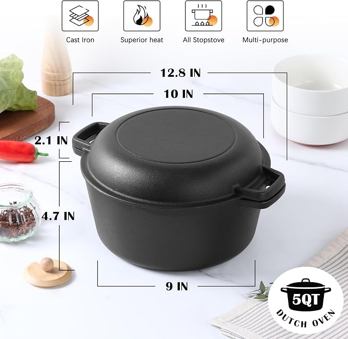 E-far 5QT Dutch Oven for Bread Baking, 2-IN-1 Cast Iron Pot - Image 2
