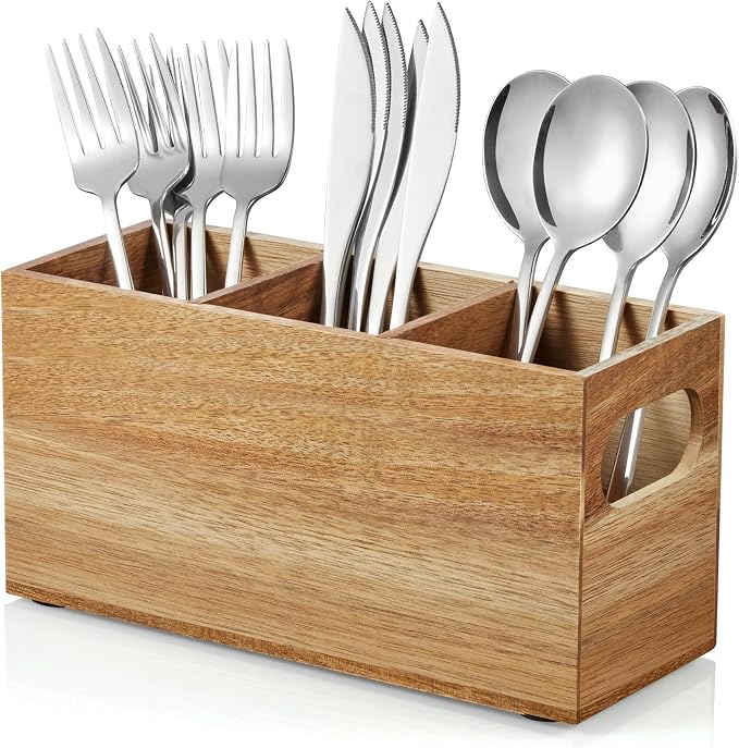 DRASTAR Silverware Holder, Acacia Wooden Utensil Caddy, Cutlery Holder by EnhanceYourDailyLife