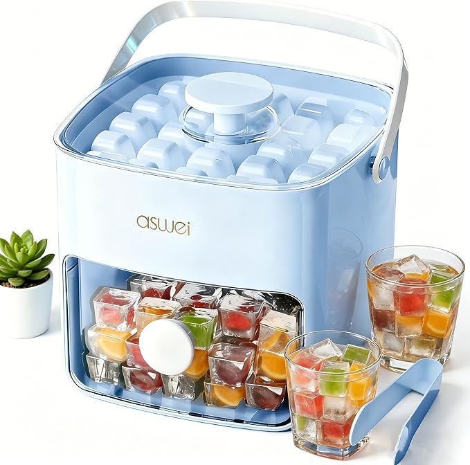 Ice Cube Tray with Lid and Bin, Pack Stackable Ice Tray with Bin and Scoop by AUZUX