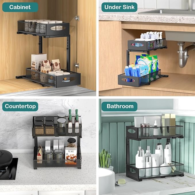 Housolution 2 Pack Under Sink Organizer, 2 Tier Metal Pull Out Under Sink - Image 7