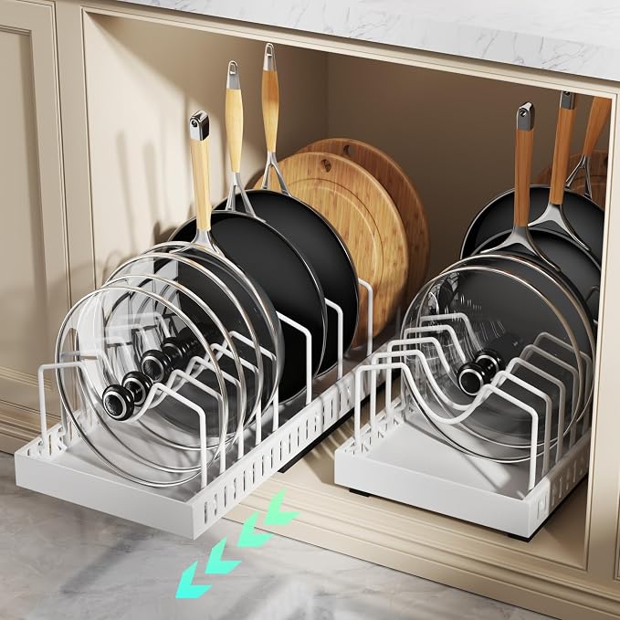 Pull Out Pots and Pans Organizer Under Cabinet, Expandable Sliding Lid Holder by Lozovincablemanagementtray