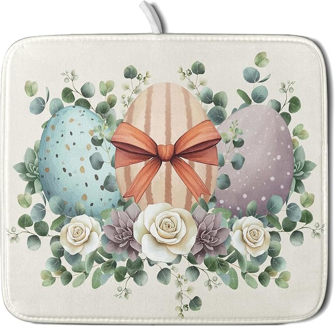 Happy Easter Eggs Dish Drying Mat 16x18 Inch Easter Day Eggs Flowers Dishes Pad by Kawani