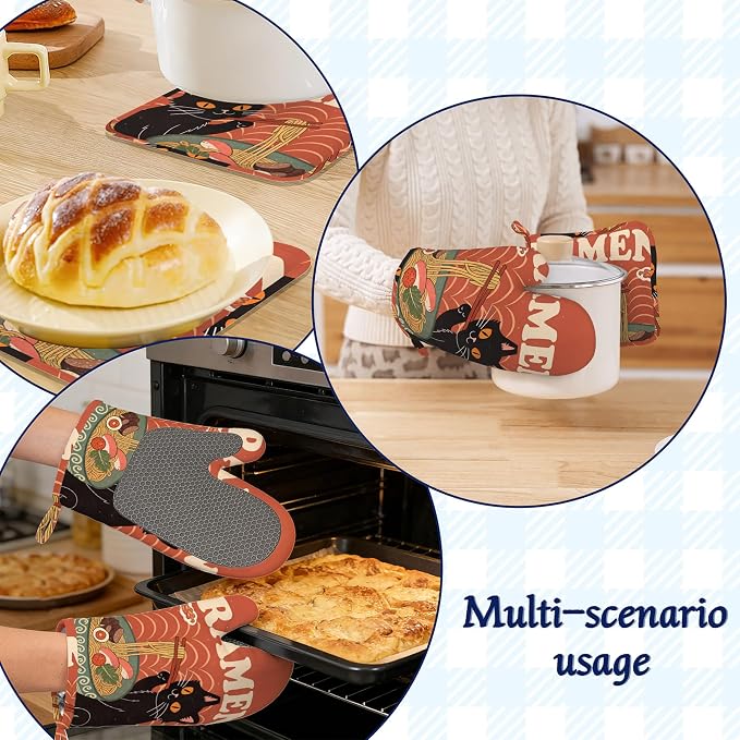 Black Cat Ramen Oven Mitts and Pot Holders Abstract Funny Silicone Kitchen - Image 6