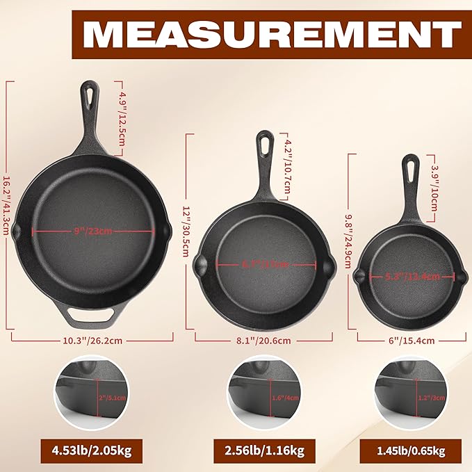 Cast Iron Skillet 3-Piece Set, Heavy-Duty Pre-Seasoned Pan Cookware Set - Image 2