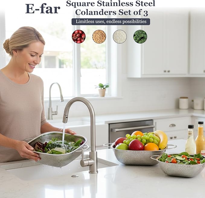 E-far 3 Pack Colander for Kitchen, Square Stainless Steel Metal Strainer - Image 7