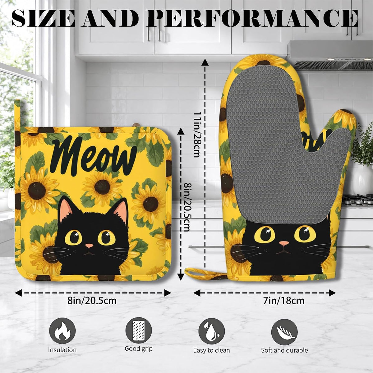 Cute Black Cat Oven Mitts and Pot Holders Sets Sunflower Non-Slip
