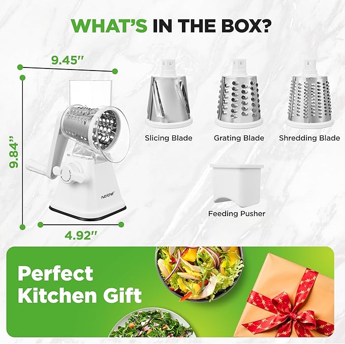 NutriChef 3 in 1 Cheese Grater & Shredder | Strong Suction Base, Rotary Handle - Image 8