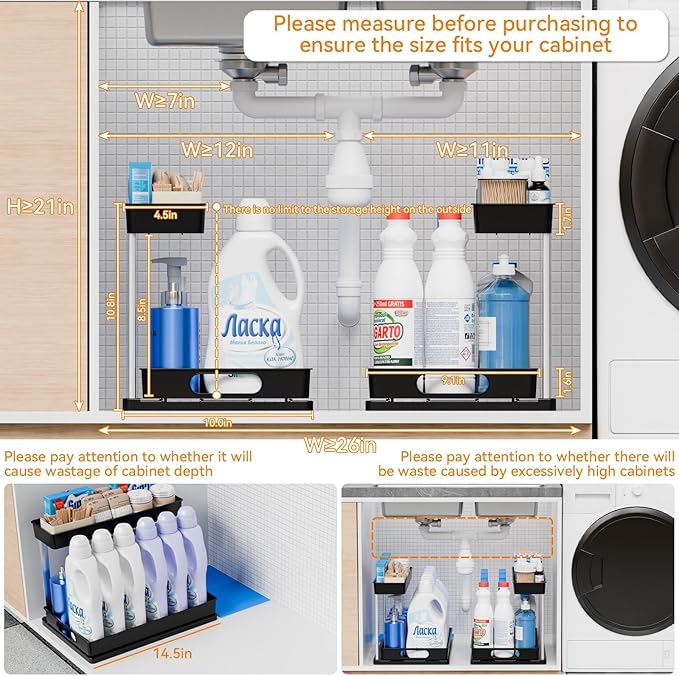 Yieach 2 Pack 10.8″ High Pull Out Under Sink Organizer, 14.5″ Deep 2 Tier Slide - Image 4