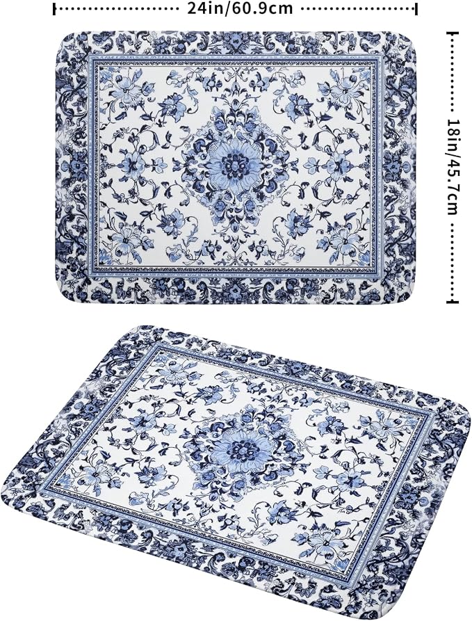 Boho Floral Dish Drying Mat 18x24 Inch Blue Leaves Kitchen Drying Pad - Image 2