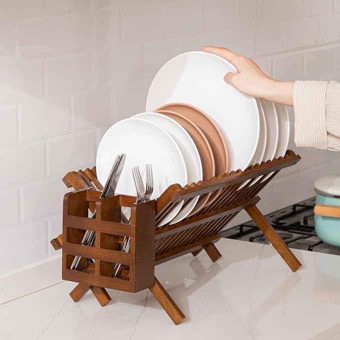 HBlife Dish Rack, Teak Folding 2-Tier Collapsible Drainer Dish Drying Rack - Image 7