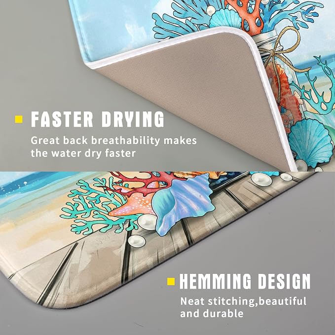 Coastal Coral Dish Drying Mat 16x18 inch Starfish Shell Fast Dry Microfiber - Image 3