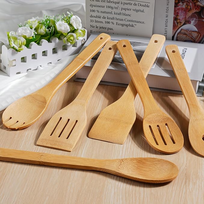 IOOLEEM Bamboo Wooden Spoons for Cooking 6 Pcs 12 Inch, Non-Stick Wooden - Image 2