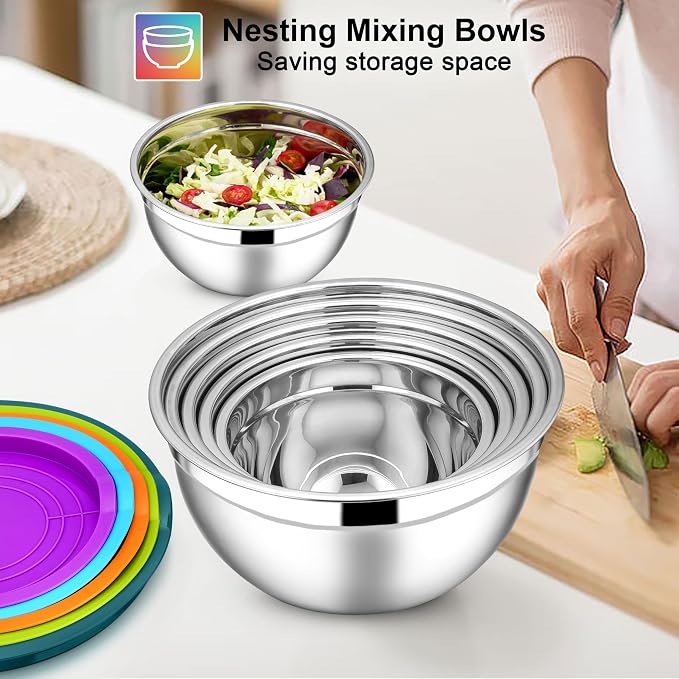 E-far Mixing Bowls with Lids Set, 7-Piece Stainless Steel Mixing Bowls with 3 - Image 4