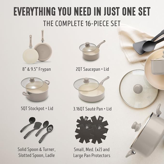 GreenLife 16-Piece Nonstick Cookware Set, Non-Toxic Ceramic Pots and Pans Set - Image 5