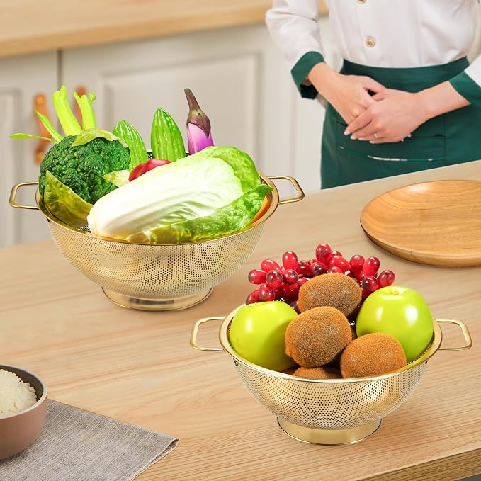 2PCS Gold Strainer for Kitchen, 3QT and 5QT, Stainless Steel Colander - Image 6