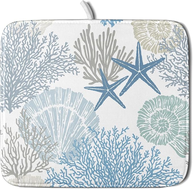 Nautical Dish Drying Mat for Kitchen Counter Coastal Seashell Starfish Summer by Unknown