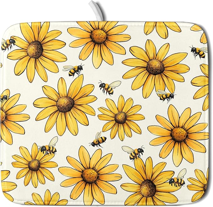 Spring Summer Sunflower Bee Dish Drying Mat of Kitchen Counter 16×18 Inch by Unknown