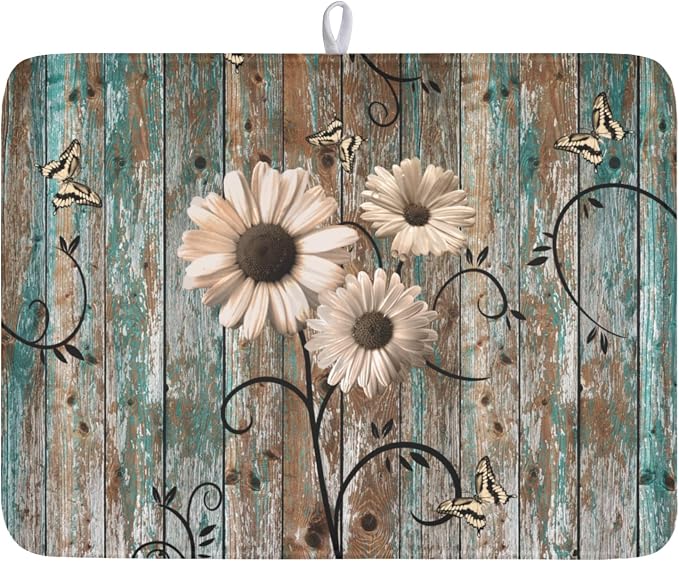 Dish Drying Mat for Kitchen Counter 18 x 24 Inch Rustic Vintage Daisy Floral by Unknown
