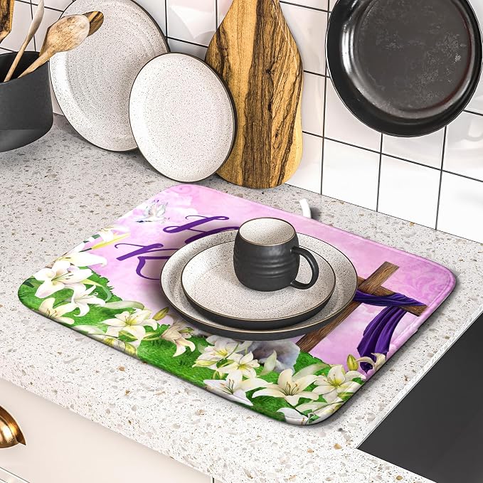 Giwawa Easter Purple Dish Drying Mat, He is Risen Cross Lamb Floral Dish - Image 5