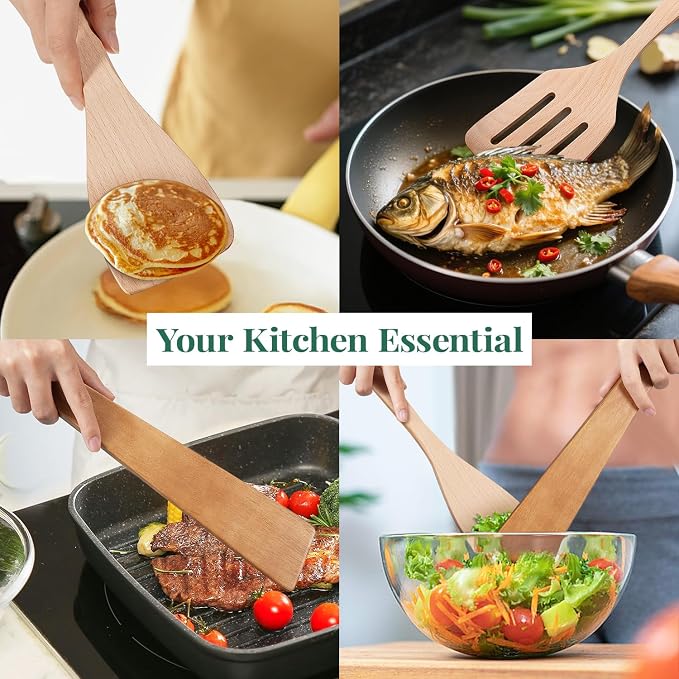 3Pcs Wooden Spatulas, 12inch Long Handle Slotted Turner Spatula Set, Uncoated - Image 7