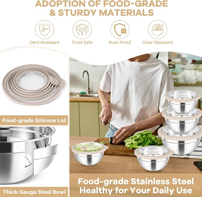 TeamFar Mixing Bowls, 4.5/3/1.5/1/0.7 QT Stainless Steel Nesting Salad Bowls - Image 3