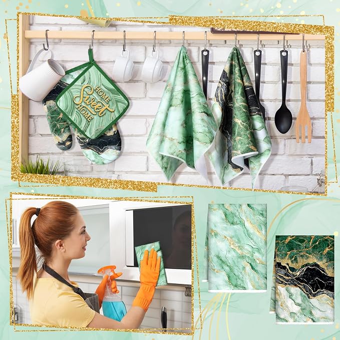Bencailor 6 Pcs Marble Kitchen Decor Gold Pot Holders Oven Mitts 2 Dish Towels - Image 2