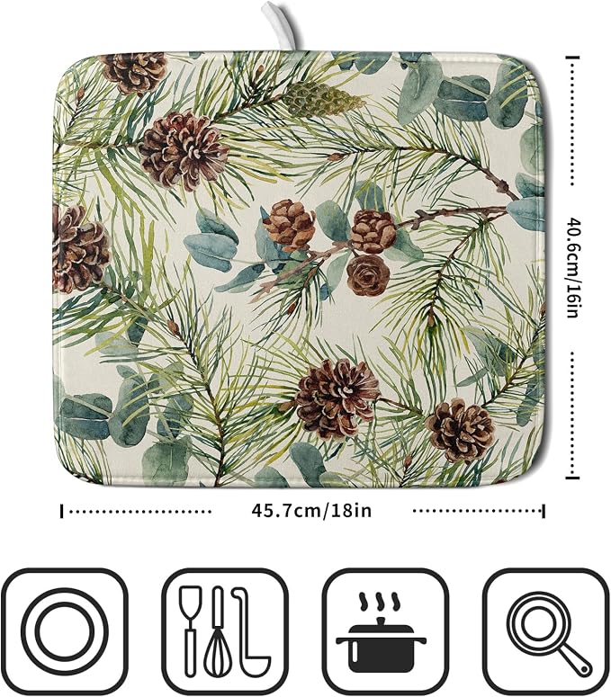 Winter Dish Drying Mat for Kitchen Counter 16x18 Christmas Evergreen Leaves - Image 2