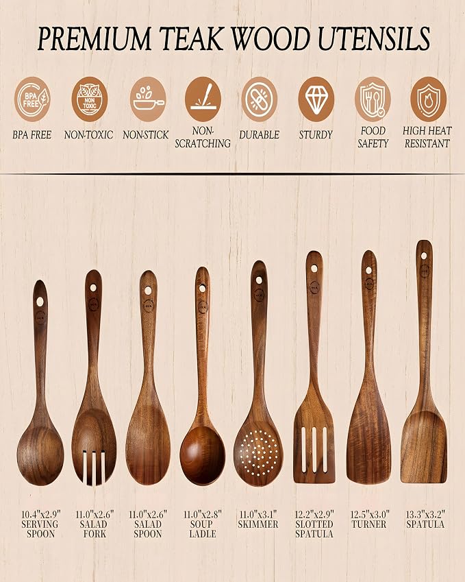 8-Piece Natural Teak Wood Utensil Set - Image 3