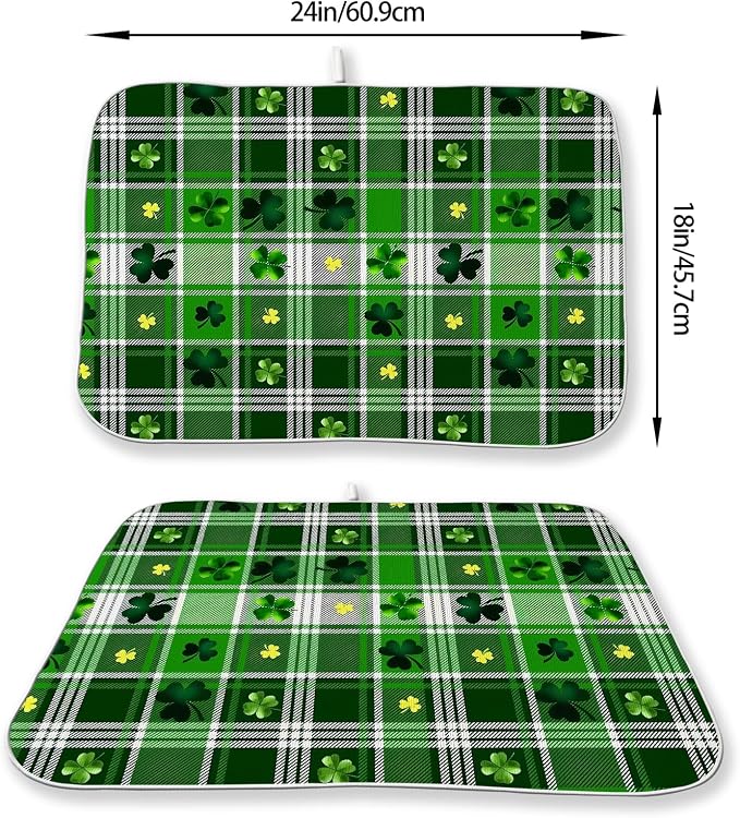 St. Patrick's Day Dish Drying Mat 18 x 24 Inch Green Buffalo Plaid Shamrock - Image 4