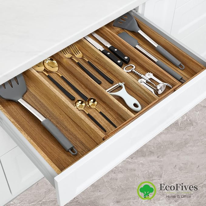 EcoFives Luxury Acacia Silverware Organizer -Kitchen Drawer Organizer - Image 2
