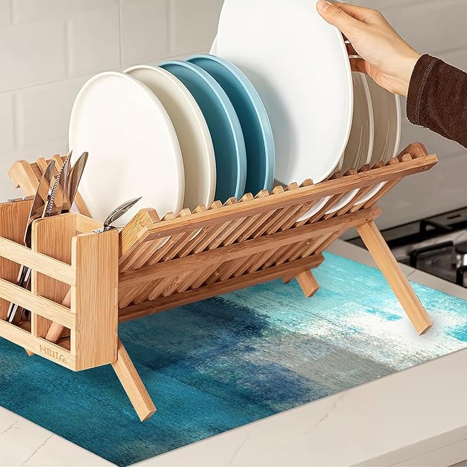 Teal Grey Abstract Art Dish Drying Mat, Drying Rack Pad Countertop Dishes Ultra - Image 7