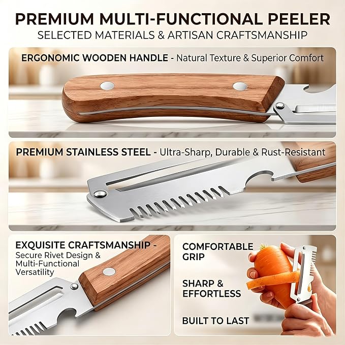 Multi-Functional Vegetable Peeler, 3 in 1 Multi Functional Wooden Handle Peeler - Image 4
