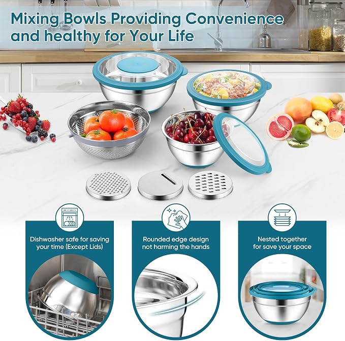 P&P CHEF Mixing Bowls with Lids Set of 3, Stainless Steel Mixing Bowl and - Image 7