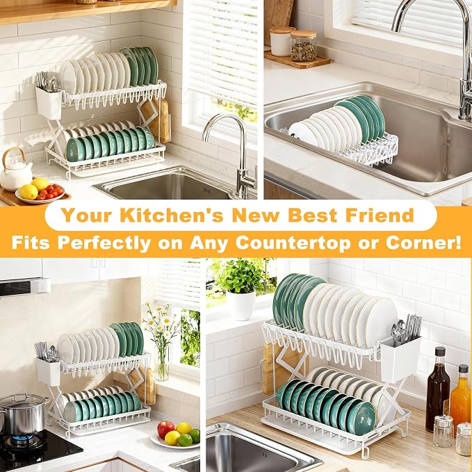 2-Tier Dish Racks for Kitchen Counter, Large Dish Drainers for Kitchens Counter - Image 8