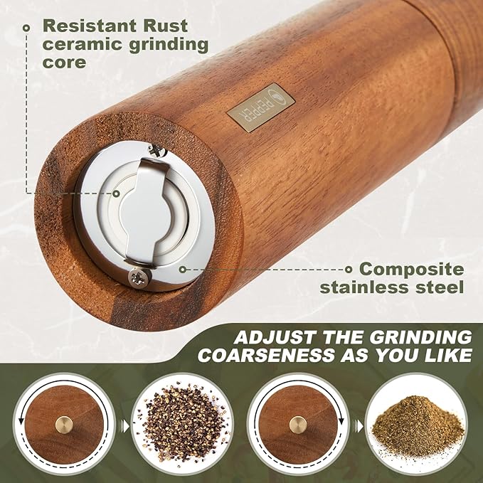 Wooden Salt and Pepper Grinder Set 10 Inch Manual Salt and Pepper Mill - Image 4