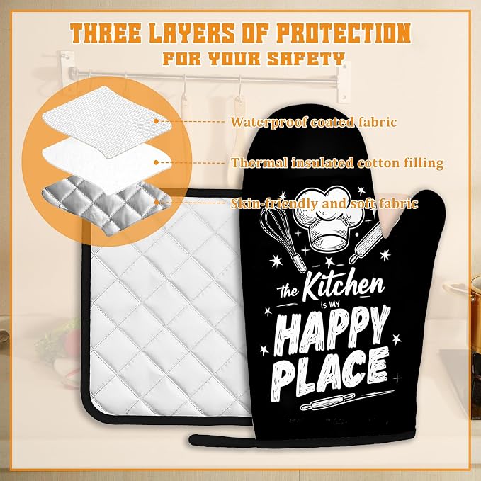 Funny Oven Mitts and Pot Holders Set, The Kitchen is My Happy Place Kitchen - Image 3