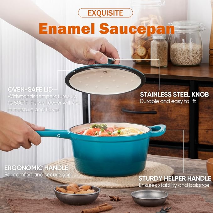 Homikit Cast Iron Sauce Pan, 1 Quart Enameled Cast Iron Saucepan - Image 4