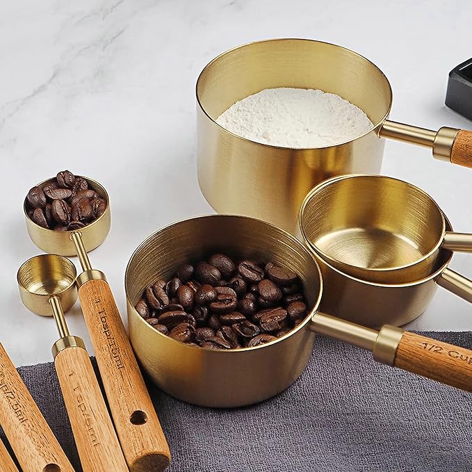 GuDoQi 8Pcs Gold Measuring Cups and Spoons Set, Wooden Handle, Premium - Image 6
