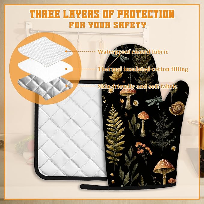 Mushroom Forest Plant Oven Mitts and Pot Holders, Dragonfly Heat Resistant Oven - Image 3