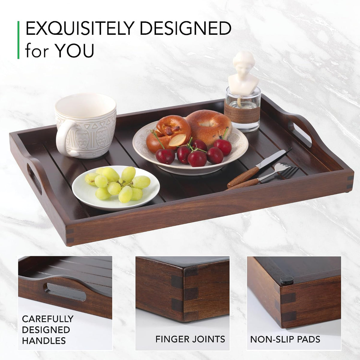 Joy&Grace Large Acacia Wooden Serving Tray with Handles 20 x 14 inch