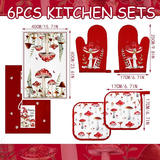 Bencailor 6 Pcs Mushroom Kitchen Towels Oven Mitts and Pot Holders Decorative - Image 3