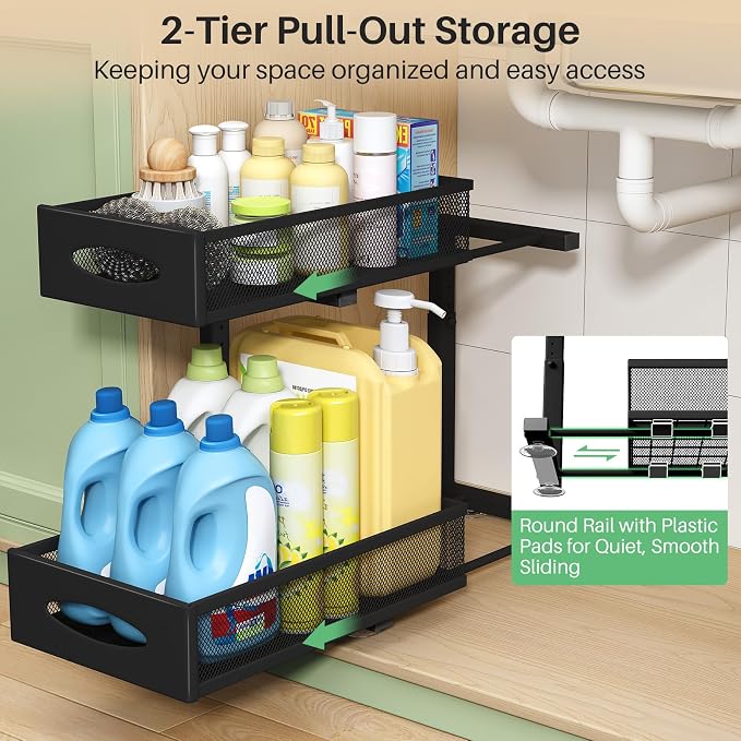 Under Sink Organizer, 2 Tier Pull out Cabinet Organizer Baskets - Image 3