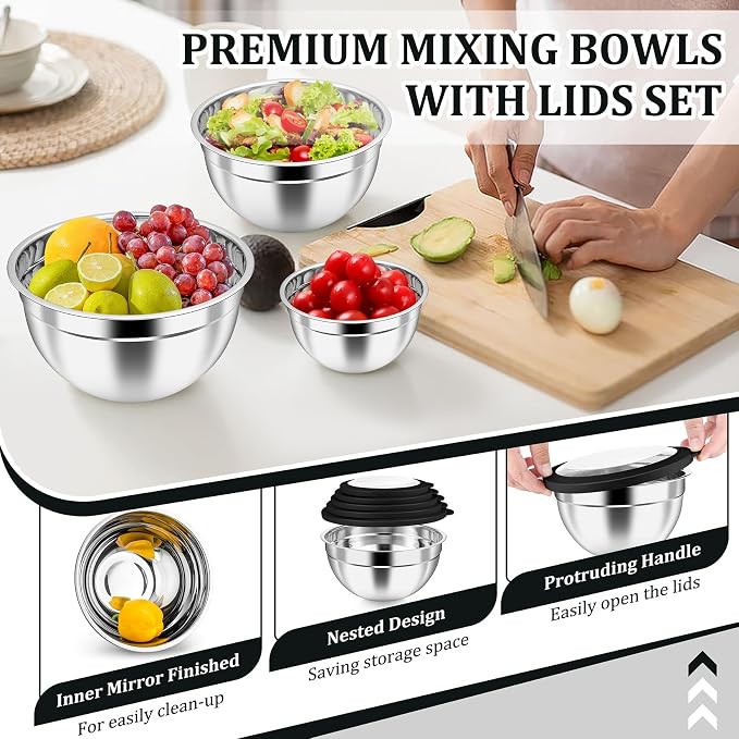 P&P CHEF Mixing Bowls with Visible Airtight Lids Set of 5, 10-Piece Stainless - Image 5